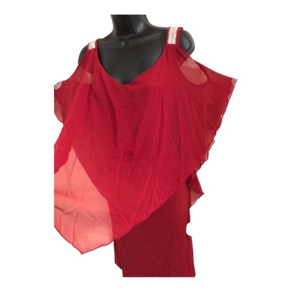 EnFocus red sheer‎ cape sequin strap cold shoulder elegant plus size dress 14W - Picture 2 of 16